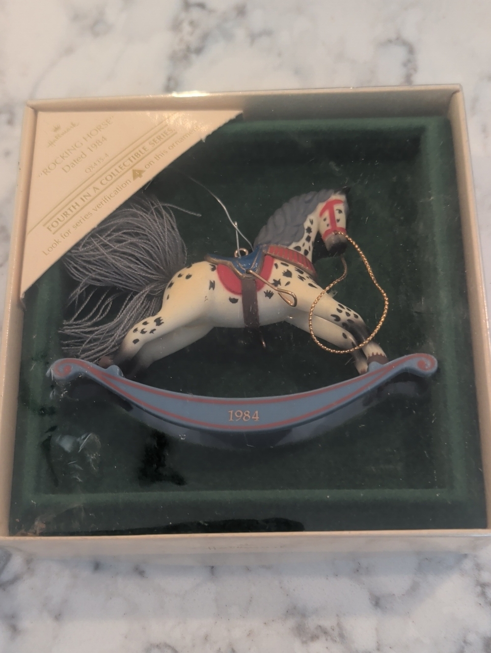 Hallmark Rocking Horse Ornament 1984 - Cream, Gray, Blue, Red